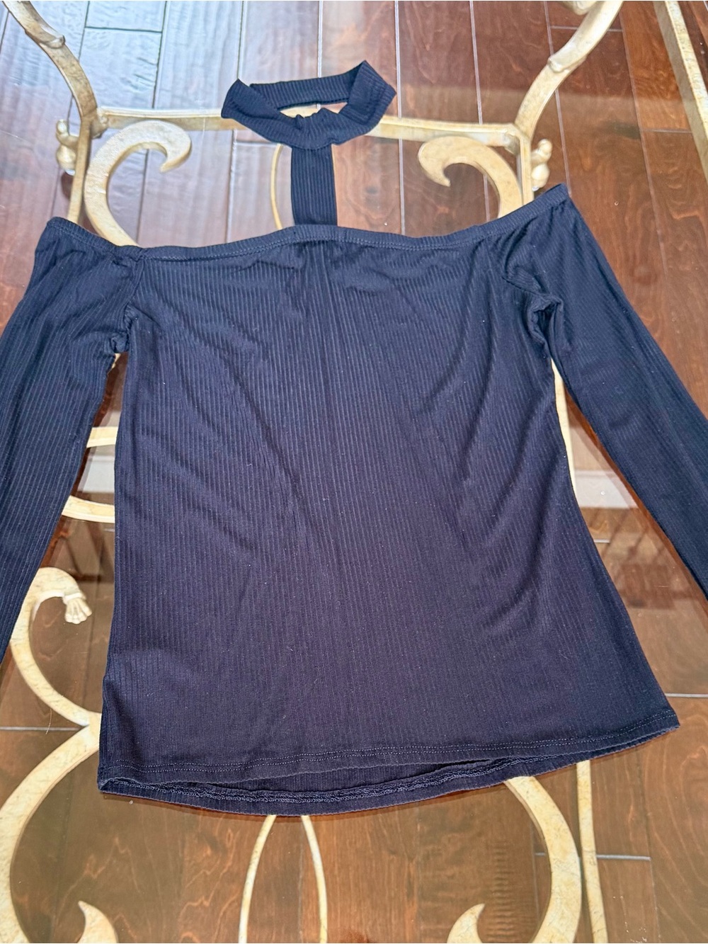 Women's Black Off-Shoulder Ribbed Top with Choker Strap
